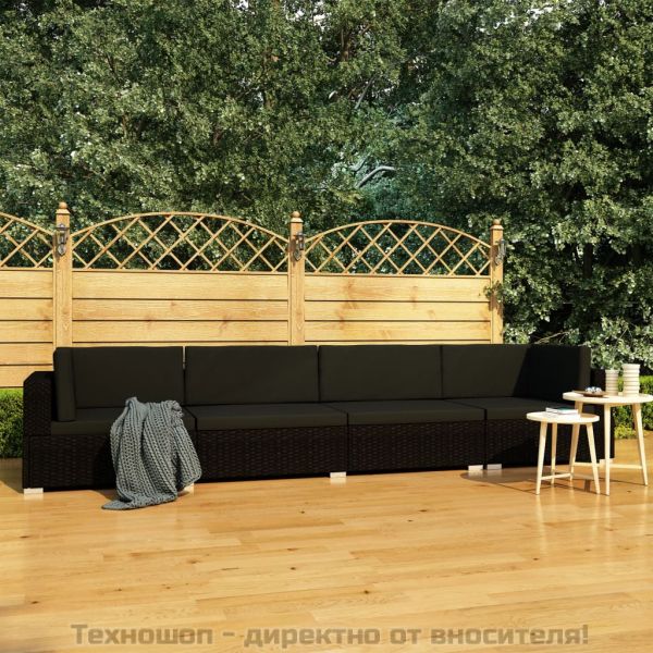 Градински комплект с възглавници, 4 части, полиратан, черен