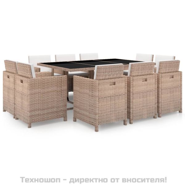 Градински комплект с възглавници, 11 части, бежов полиратан