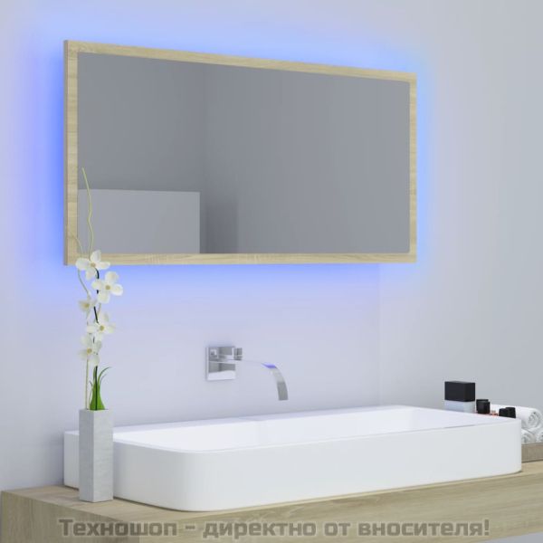 LED огледало за баня, дъб сонома, 90x8,5x37 см, акрил