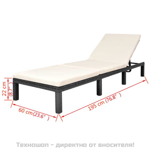 Шезлонг с шалте, черен полиратан