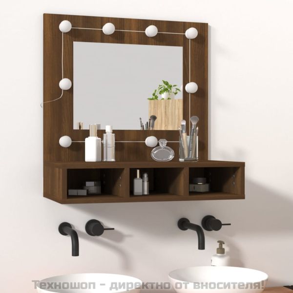 Огледален шкаф с LED, кафяв дъб, 60x31,5x62 см