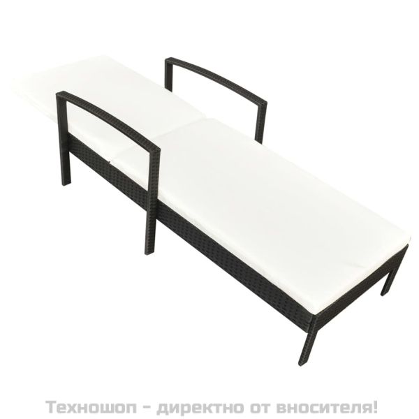 Шезлонг с шалте, черен полиратан