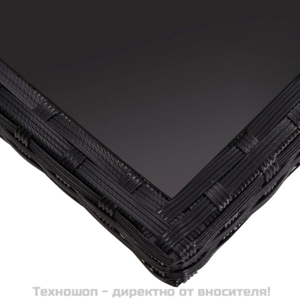 Градинска трапезна маса, черна, полиратан и стъкло