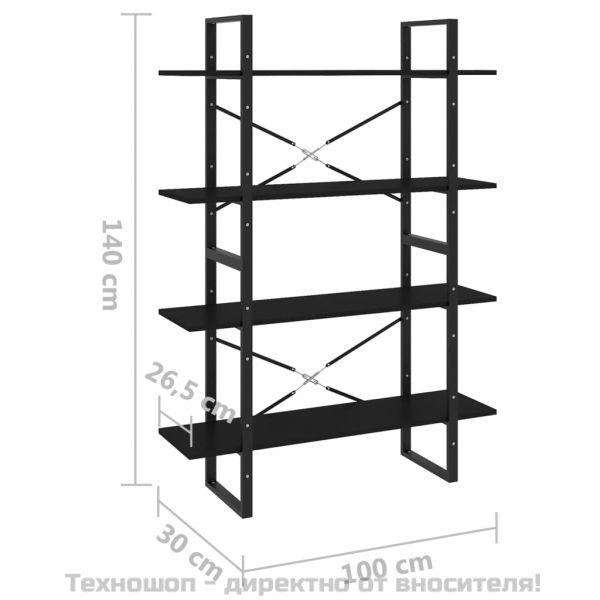 4-етажна библиотека, черна, 100x30x140 см, инженерно дърво