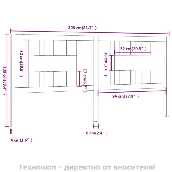 Табла за спалня, сива, 206x4x100 см, бор масив