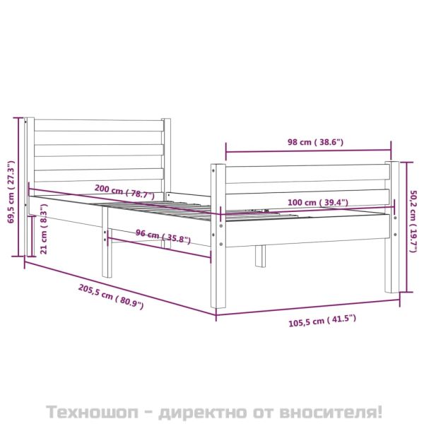 Рамка за легло, черна, масивно дърво, 100х200 см