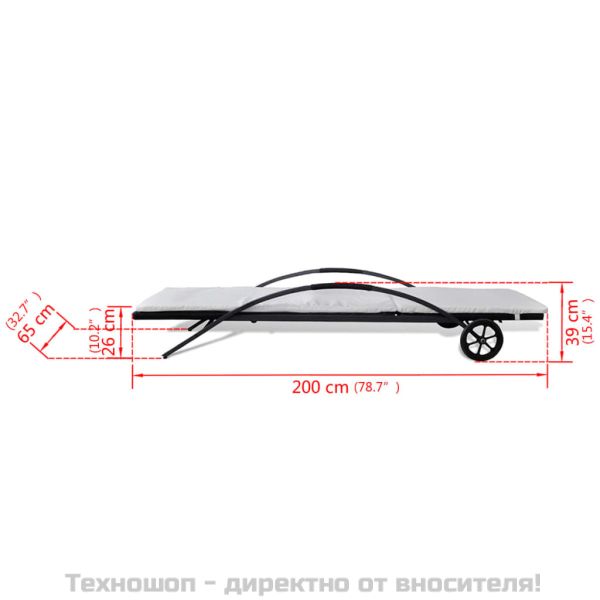 Шезлонг с шалте и колелца, черен полиратан