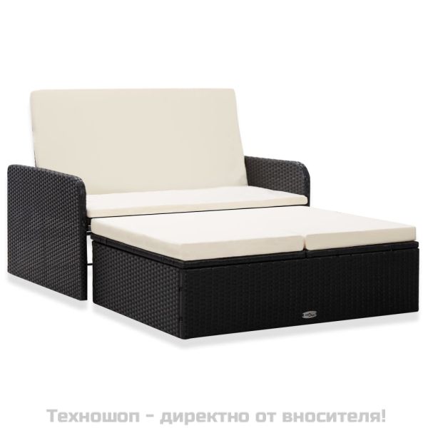 Градински комплект с възглавници, 2 части, черен полиратан