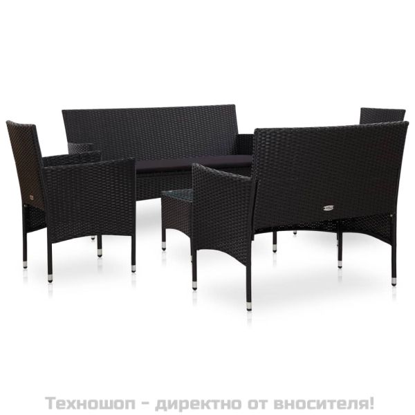 Градински комплект с възглавници, 5 части, полиратан, черен