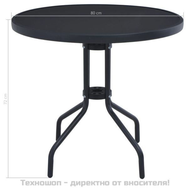 Градинска маса, черна, 80 см, стомана и стъкло