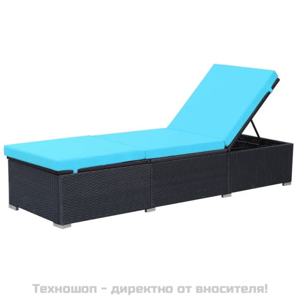 Шезлонг с шалте, черен полиратан