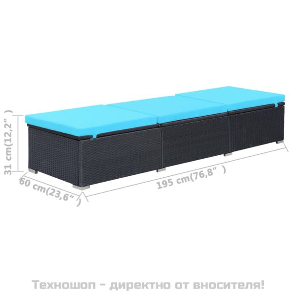 Шезлонг с шалте, черен полиратан