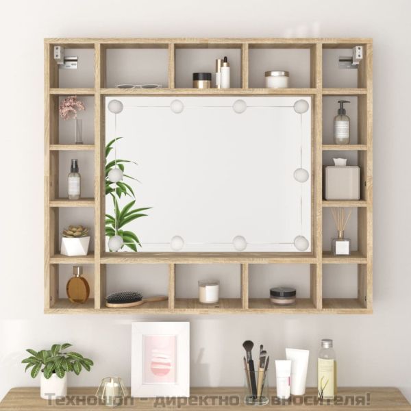 Огледален шкаф с LED, сонома дъб, 91x15x76,5 см