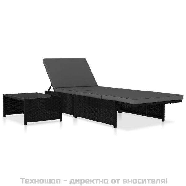 Накланящи се градински столове, 2 бр, с маса, черен, полиратан