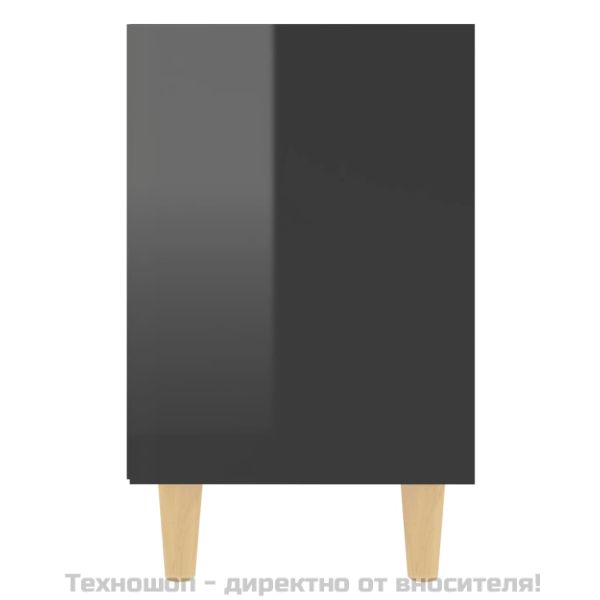 Нощно шкафче с крака от дърво масив, черен гланц, 40x30x50 см
