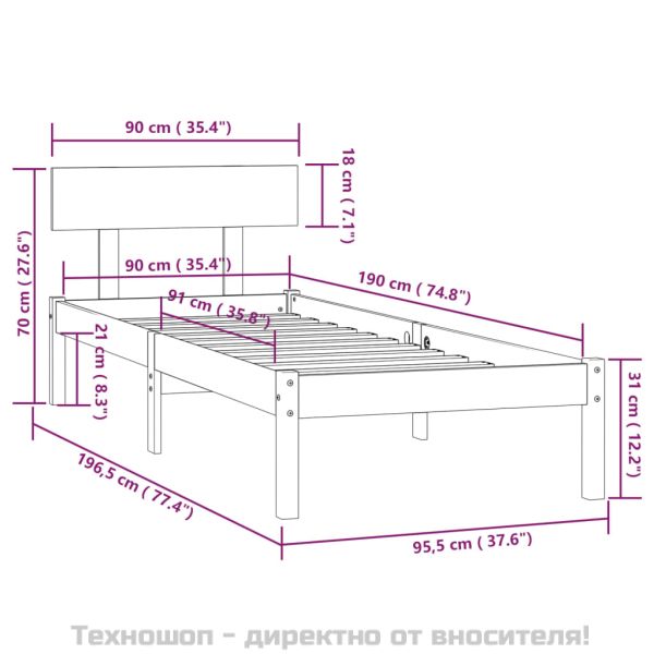 Рамка за легло, сива, бор масив, 90x190 см, Single