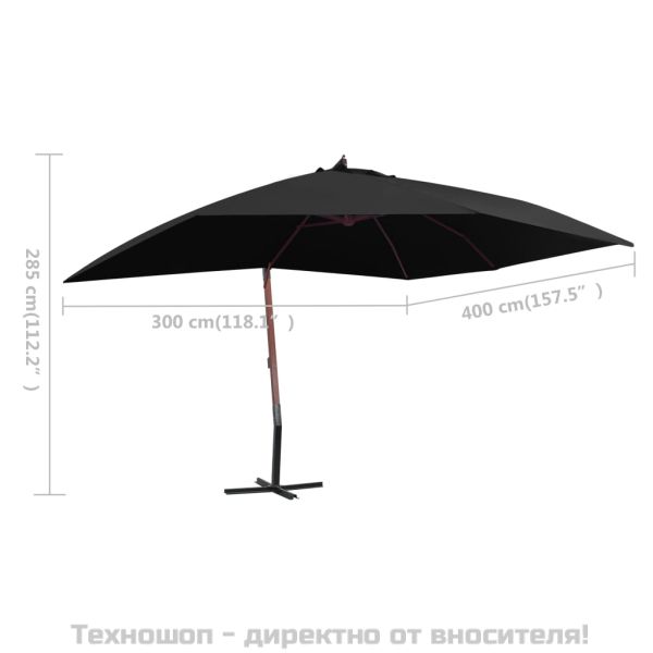 Окачен чадър с дървен прът, 400x300 см, черен