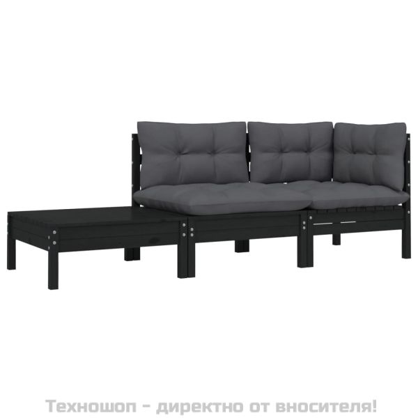 Градински комплект от 3 части, с възглавници, черен, бор масив