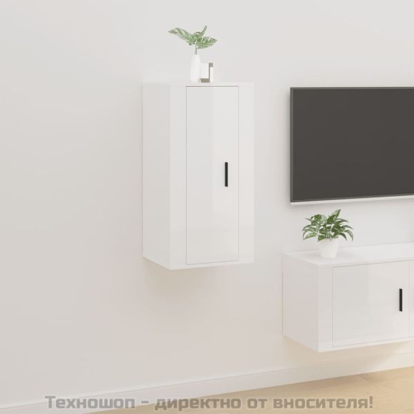 ТВ шкаф за стенен монтаж, бял гланц, 40x34,5x80 см