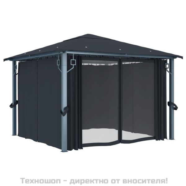 Шатра със завеси, 300х300 см, антрацит, алуминий