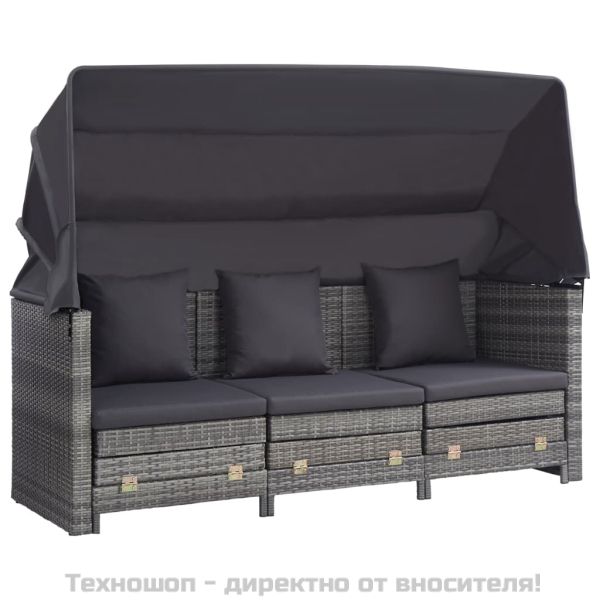 Разтегателен 3-местен диван с навес, полиратан, сив