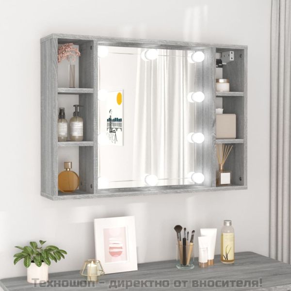 Огледален шкаф с LED,Сив сонома, 76x15x55 см