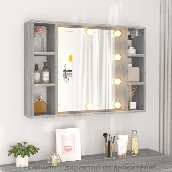 Огледален шкаф с LED,Сив сонома, 76x15x55 см
