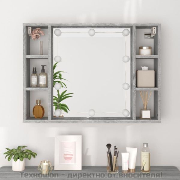 Огледален шкаф с LED,Сив сонома, 76x15x55 см