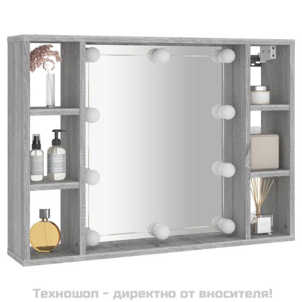 Огледален шкаф с LED,Сив сонома, 76x15x55 см