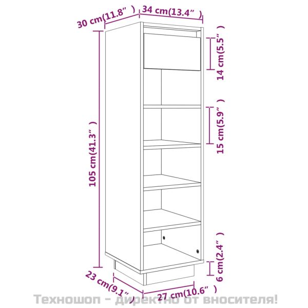 Шкаф за обувки, черен, 34x30x105 см, бор масив