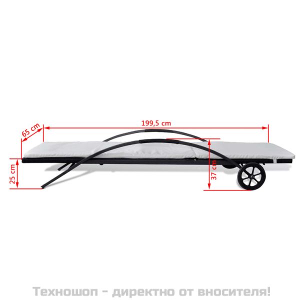 Шезлонг с шалте и колелца, черен полиратан