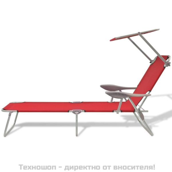 Шезлонг с козирка, стомана, червен