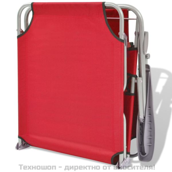 Шезлонг с козирка, стомана, червен