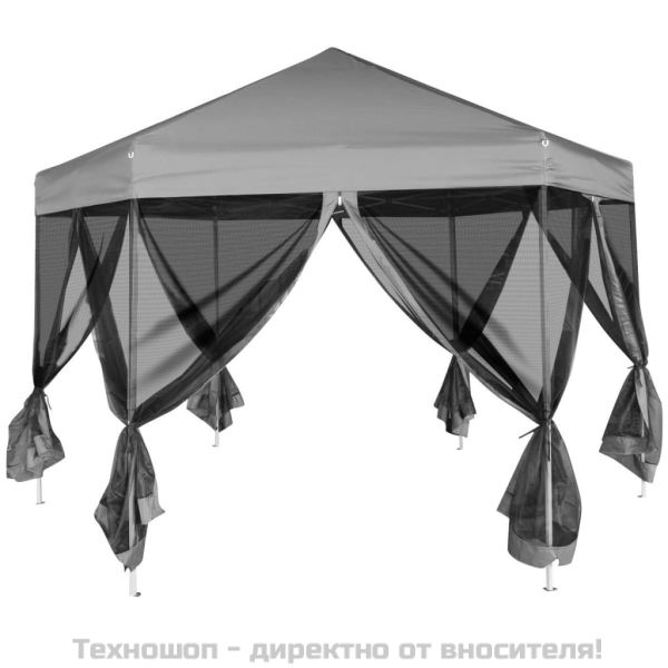 Шестоъгълна pop-up шатра с 6 стени сива 3,6x3,1 м
