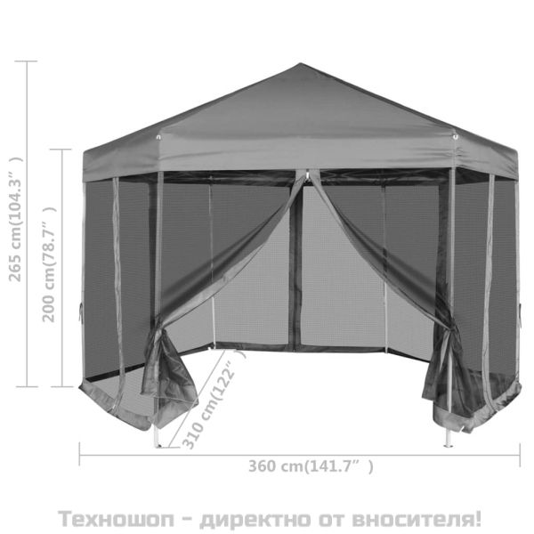 Шестоъгълна pop-up шатра с 6 стени сива 3,6x3,1 м
