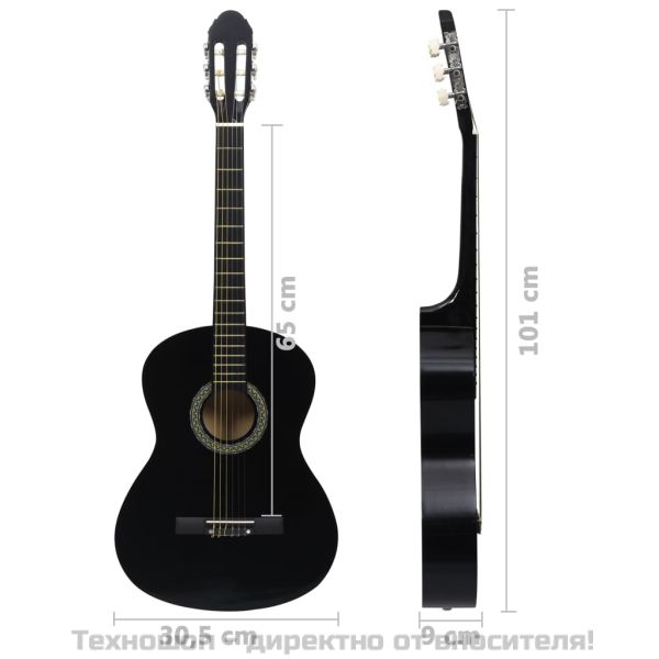 Класическа китара за начинаещи, черна, 4/4, 39", липово дърво