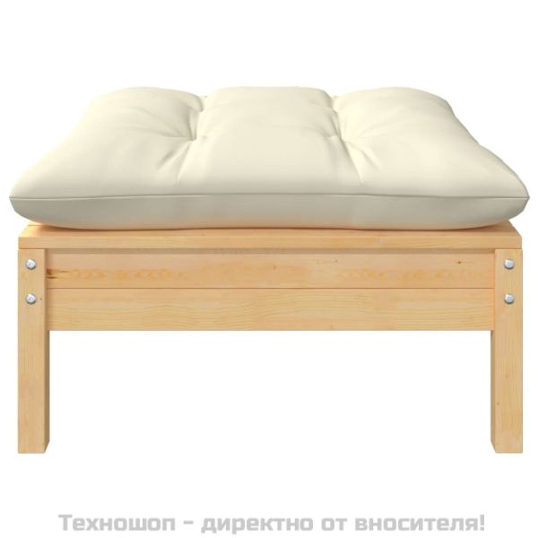 2-местен градински диван с кремави възглавници, бор масив