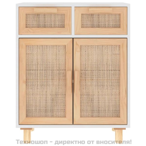 Сайдборд, бял, 60x30x75 см, бор масив и естествен ратан