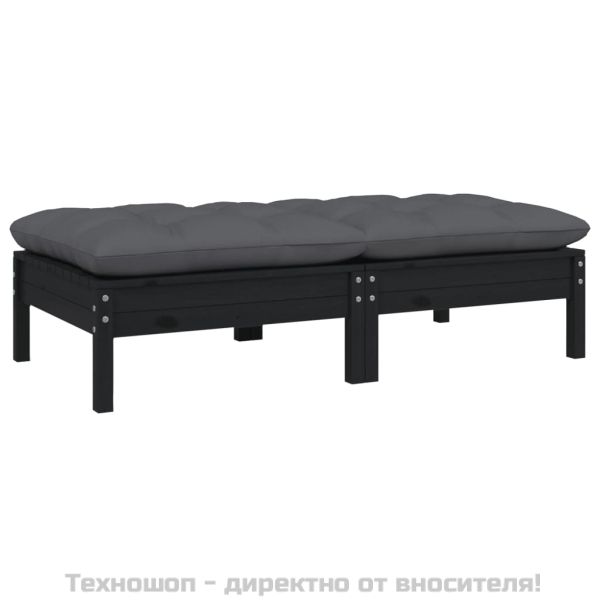 2-местен градински диван с възглавници, черен, бор масив