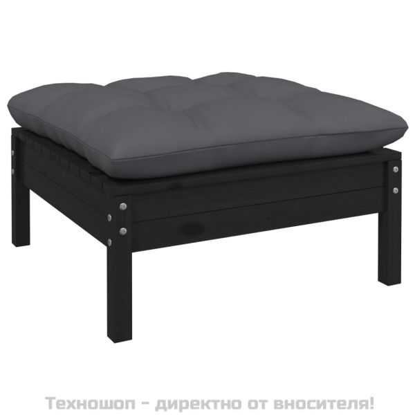 2-местен градински диван с възглавници, черен, бор масив