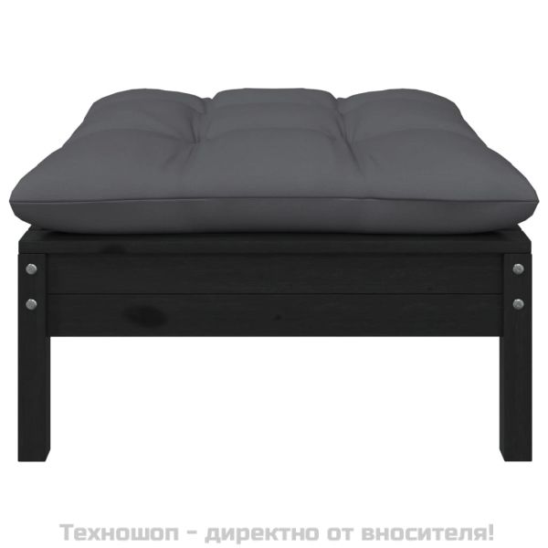 2-местен градински диван с възглавници, черен, бор масив