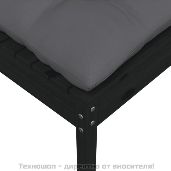 2-местен градински диван с възглавници, черен, бор масив