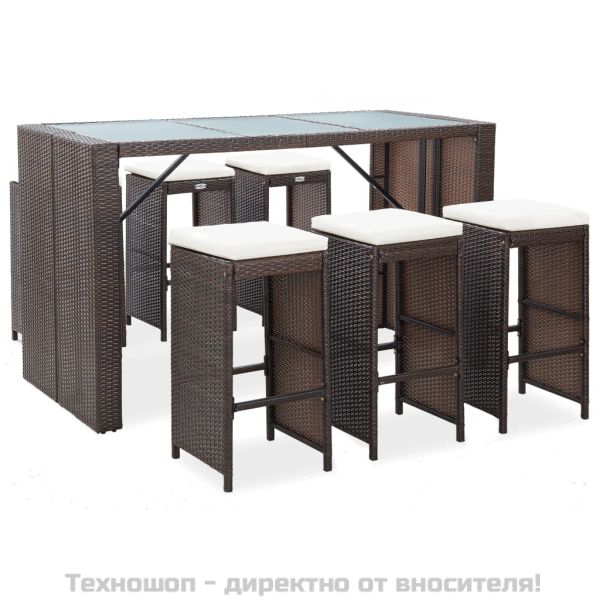 Градински бар комплект с възглавници, 7 части, полиратан, кафяв