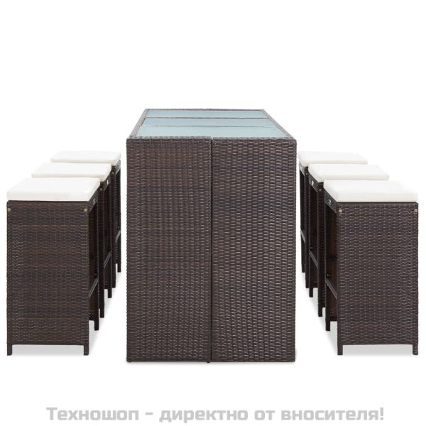 Градински бар комплект с възглавници, 7 части, полиратан, кафяв