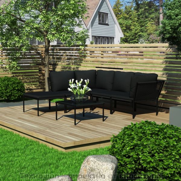 Градински комплект с възглавници, 6 части, черен, PVC