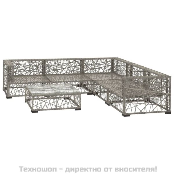 Градински комплект с възглавници, 6 части, полиратан, сив