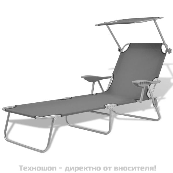 Шезлонг с козирка, стомана, сив