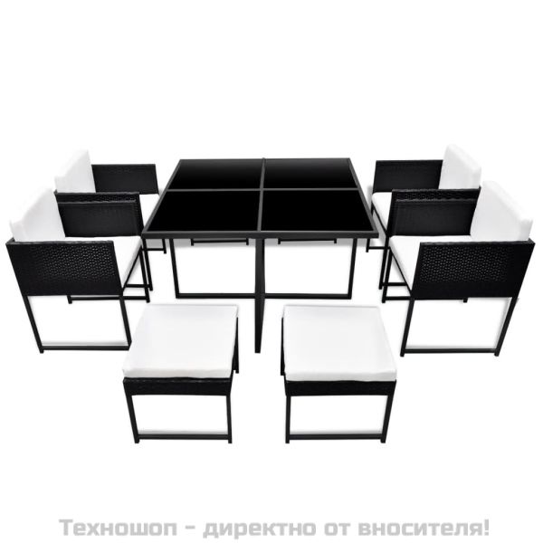 Градински комплект с възглавници, 9 части, черен полиратан