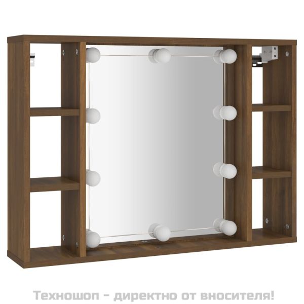 Огледален шкаф с LED, кафяв дъб, 76x15x55 см
