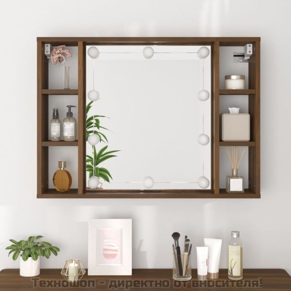 Огледален шкаф с LED, кафяв дъб, 76x15x55 см